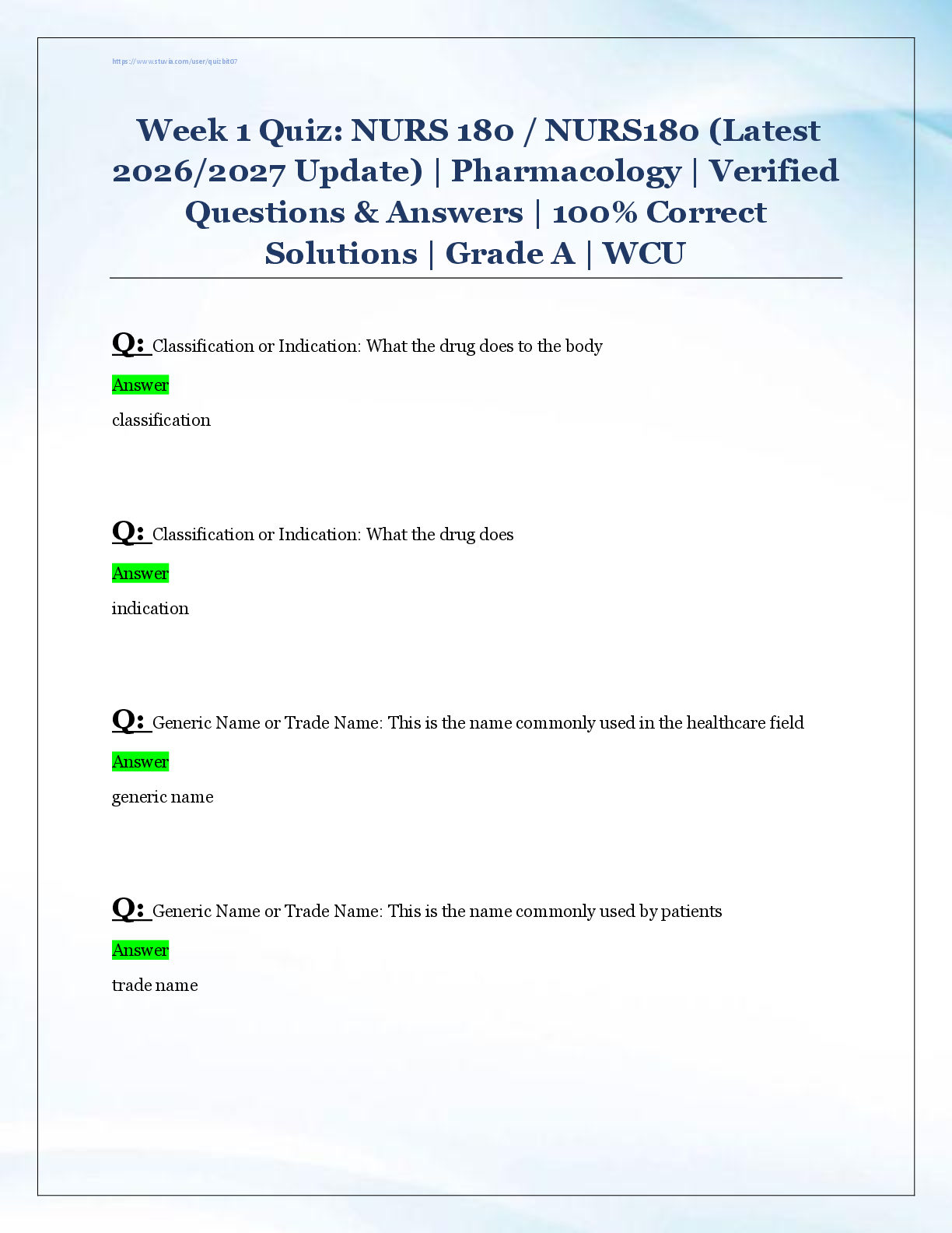 Preview image for Week 1 Quiz: NURS 180 / NURS180 (Latest  2026/2027 Update) | Pharmacology | Verified  Questions & Answers | 100% Correct  Solutions | Grade A | WCU