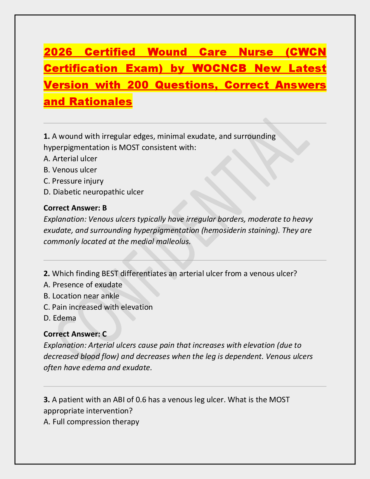 Recommended document preview for 2026 Certified Wound Care Nurse (CWCN  Certification Exam) by WOCNCB New Latest  Version with 200 Questions, Correct Answers  and Rationales