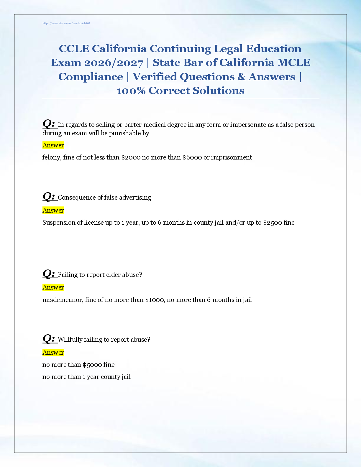 Recommended document preview for CCLE California Continuing Legal Education  Exam 2026/2027 | State Bar of California MCLE  Compliance | Verified Questions & Answers |  100% Correct Solutions