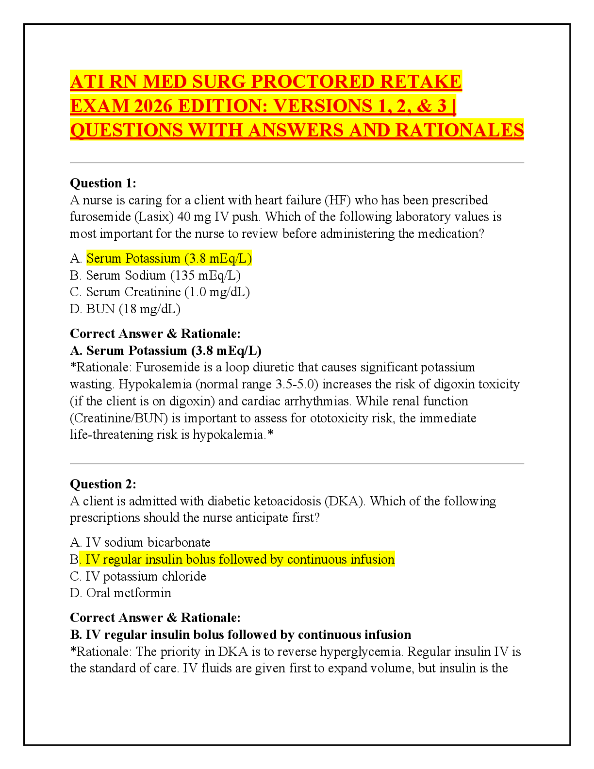 Recommended document preview for ATI RN MED SURG PROCTORED RETAKE  EXAM 2026 EDITION: VERSIONS 1, 2, & 3 |  QUESTIONS WITH ANSWERS AND RATIONALES