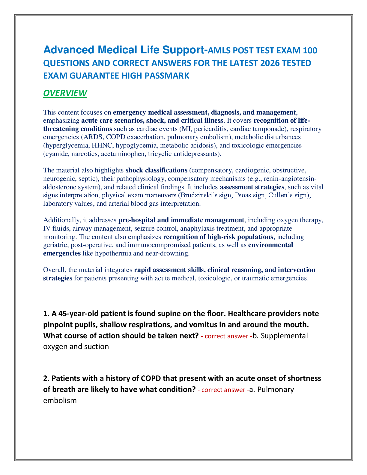 Recommended document preview for Advanced Medical Life Support-AMLS POST TEST EXAM 100  QUESTIONS AND CORRECT ANSWERS FOR THE LATEST 2026 TESTED  EXAM GUARANTEE HIGH PASSMARK