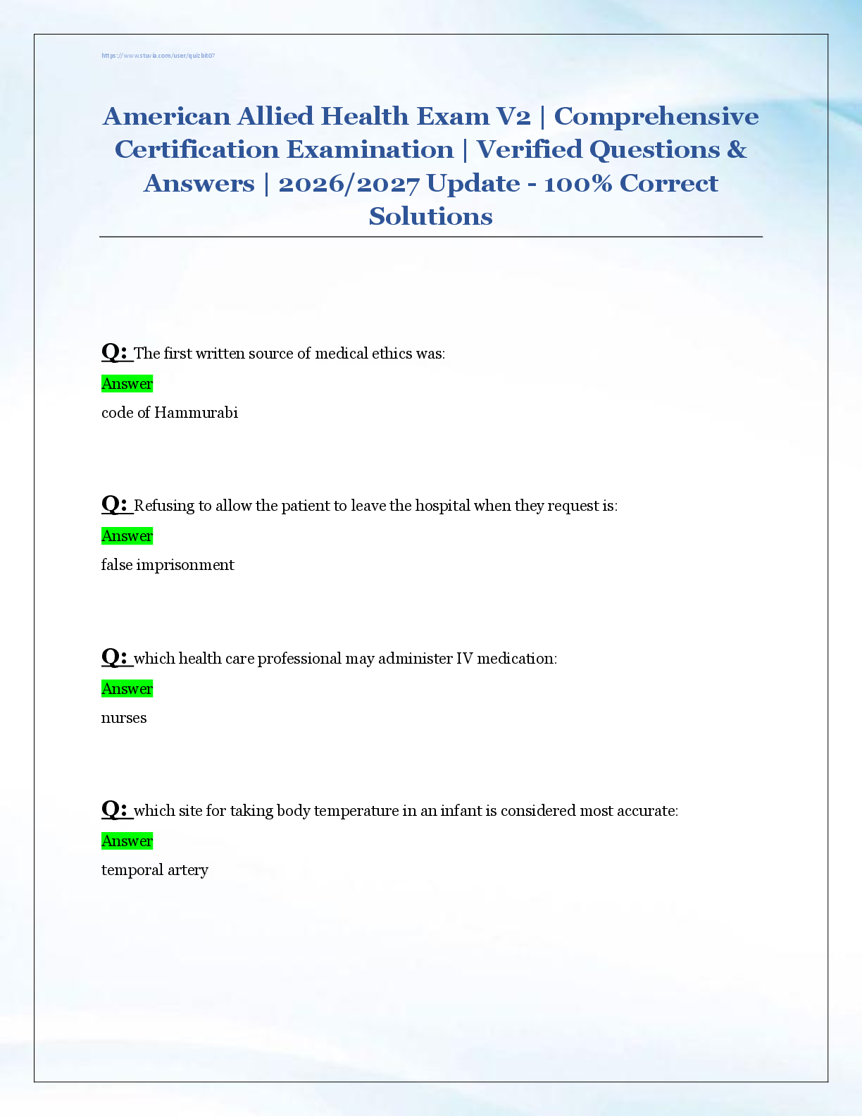 Recommended document preview for American Allied Health Exam V2 | Comprehensive  Certification Examination | Verified Questions &  Answers | 2026/2027 Update - 100% Correct  Solutions