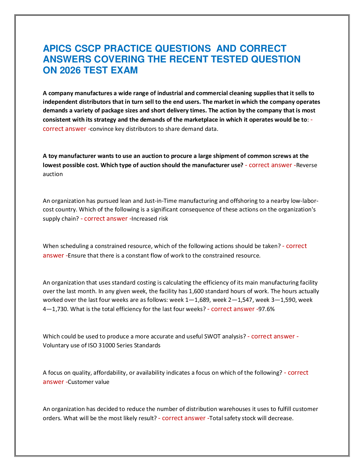 Recommended document preview for APICS CSCP PRACTICE QUESTIONS  AND CORRECT  ANSWERS COVERING THE RECENT TESTED QUESTION  ON 2026 TEST EXAM