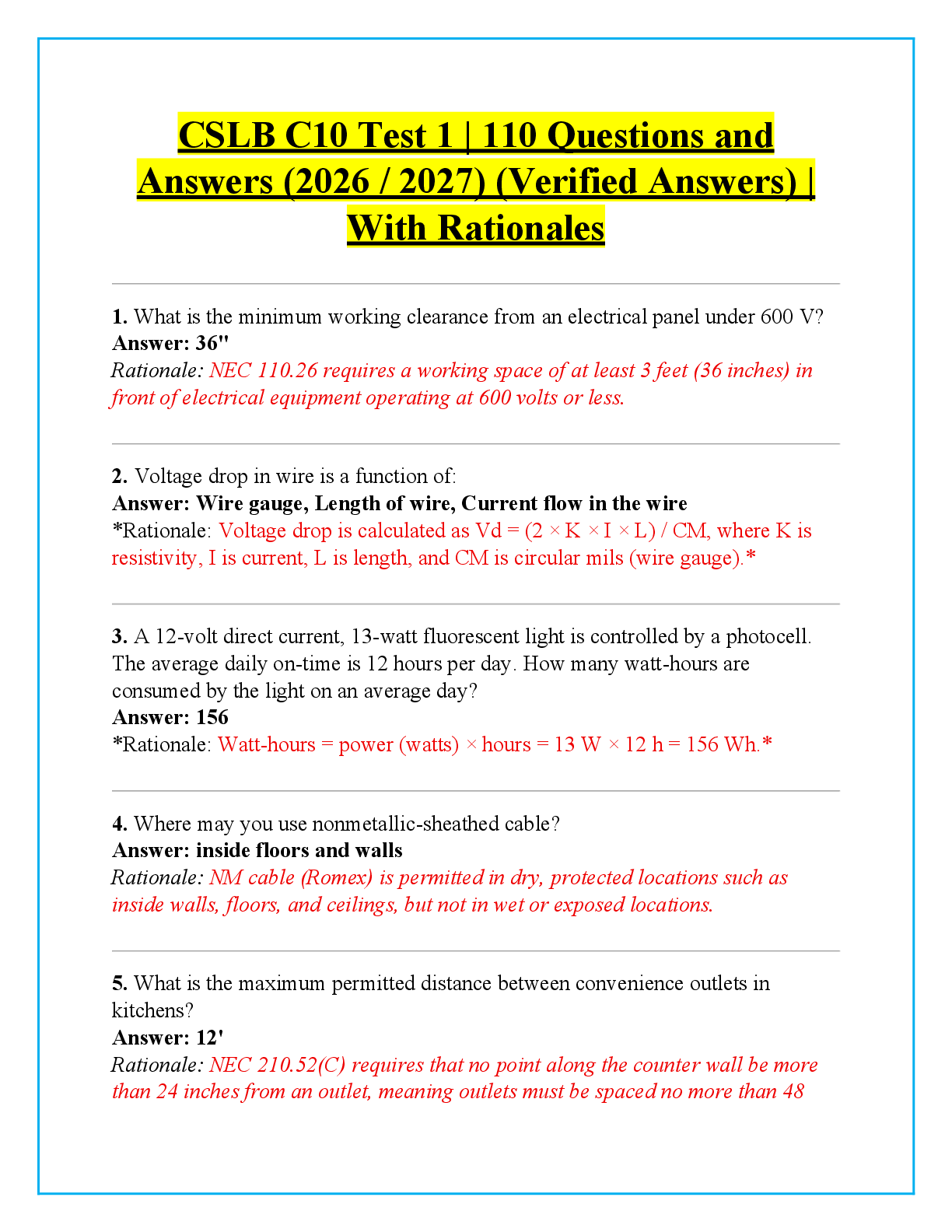 Recommended document preview for CSLB C10 Test 1 | 110 Questions and  Answers (2026 / 2027) (Verified Answers) |  With Rationales