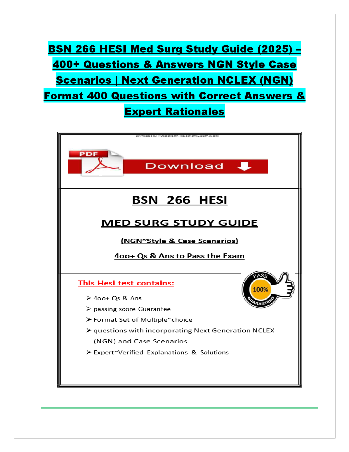 Recommended document preview for BSN 266 HESI Med Surg Study Guide (2025) –  400+ Questions & Answers NGN Style Case  Scenarios | Next Generation NCLEX (NGN)  Format 400 Questions with Correct Answers &  Expert Rationales