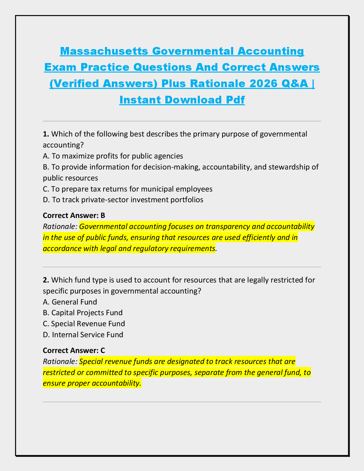 Recommended document preview for Massachusetts Governmental Accounting  Exam Practice Questions And Correct Answers  (Verified Answers) Plus Rationale 2026 Q&A |  Instant Download Pdf