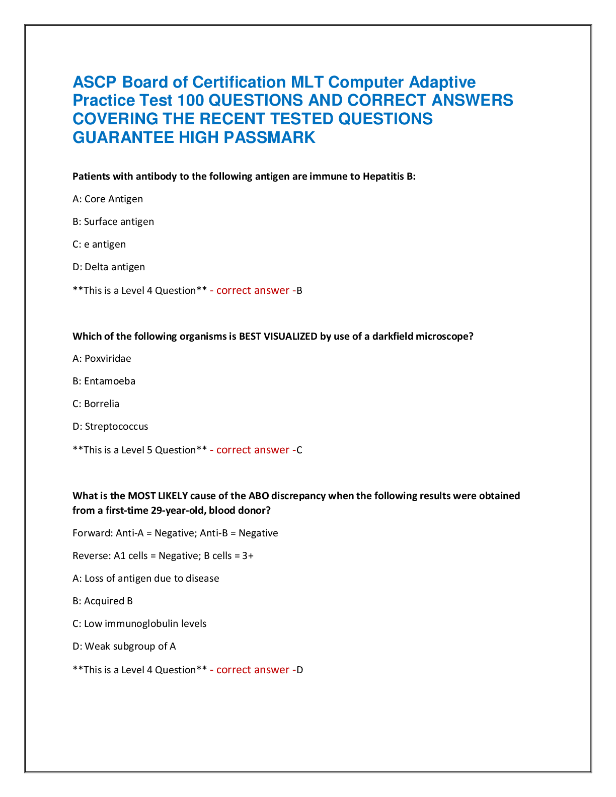 Recommended document preview for ASCP Board of Certification MLT Computer Adaptive  Practice Test 100 QUESTIONS AND CORRECT ANSWERS  COVERING THE RECENT TESTED QUESTIONS  GUARANTEE HIGH PASSMARK
