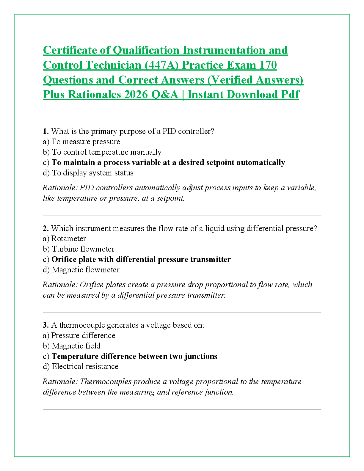 Recommended document preview for Certificate of Qualification Instrumentation and  Control Technician (447A) Practice Exam 170  Questions and Correct Answers (Verified Answers)  Plus Rationales 2026 Q&A | Instant Download Pdf