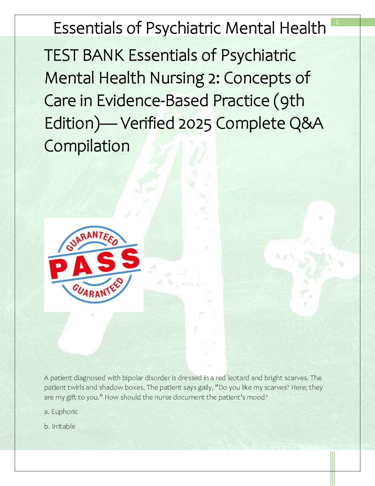 Recommended document preview for TEST BANK Essentials of Psychiatric  Mental Health Nursing 2: Concepts of  Care in Evidence-Based Practice (9th  Edition)— Verified 2025 Complete Q&A  Compilation