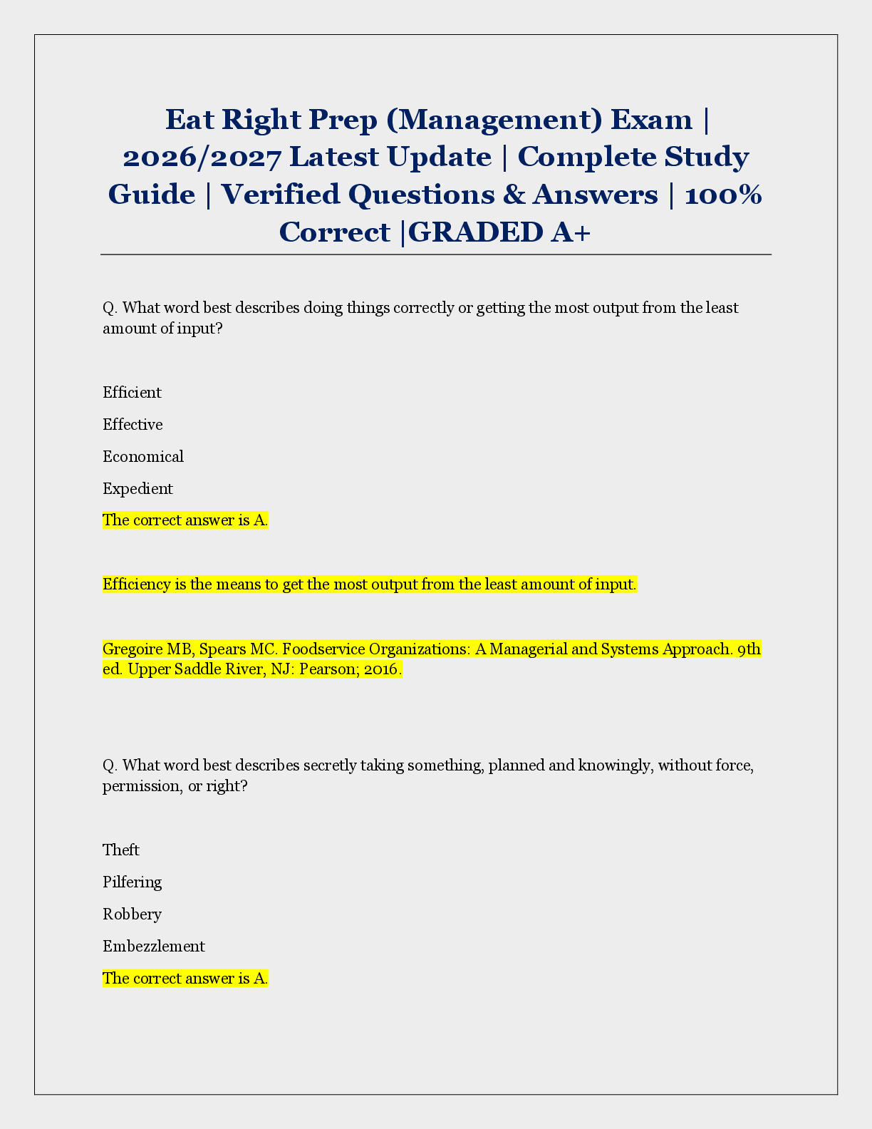 Preview of Eat Right Prep (Management) Exam |  2026/2027 Latest Update | Complete Study  Guide | Verified Questions & Answers | 100%  Correct |GRADED A+