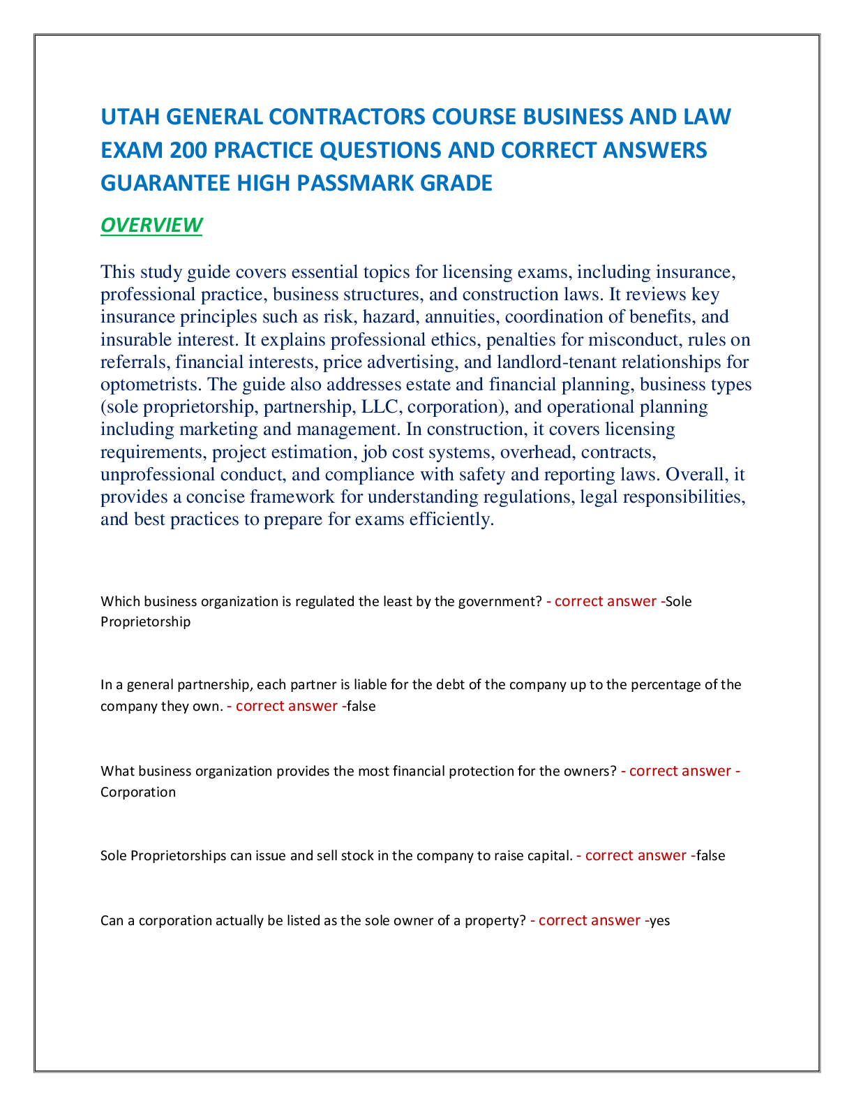 Recommended document preview for UTAH GENERAL CONTRACTORS COURSE BUSINESS AND LAW  EXAM 200 PRACTICE QUESTIONS AND CORRECT ANSWERS  GUARANTEE HIGH PASSMARK GRADE