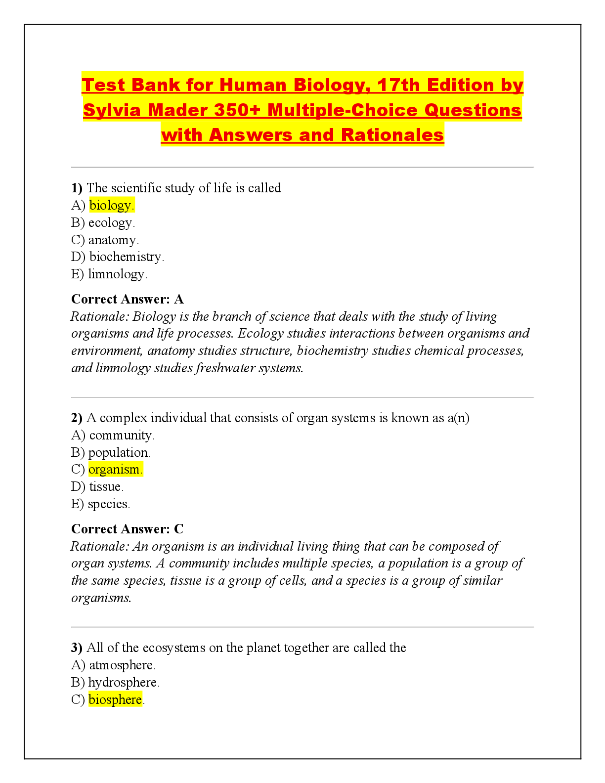 Recommended document preview for Test Bank for Human Biology, 17th Edition by  Sylvia Mader 350+ Multiple-Choice Questions  with Answers and Rationales