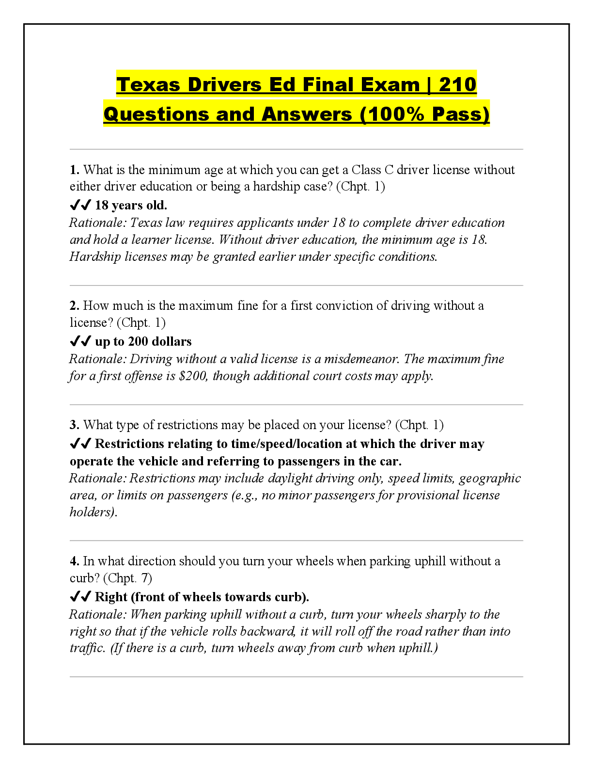 Recommended document preview for Texas Drivers Ed Final Exam | 210  Questions and Answers (100% Pass)