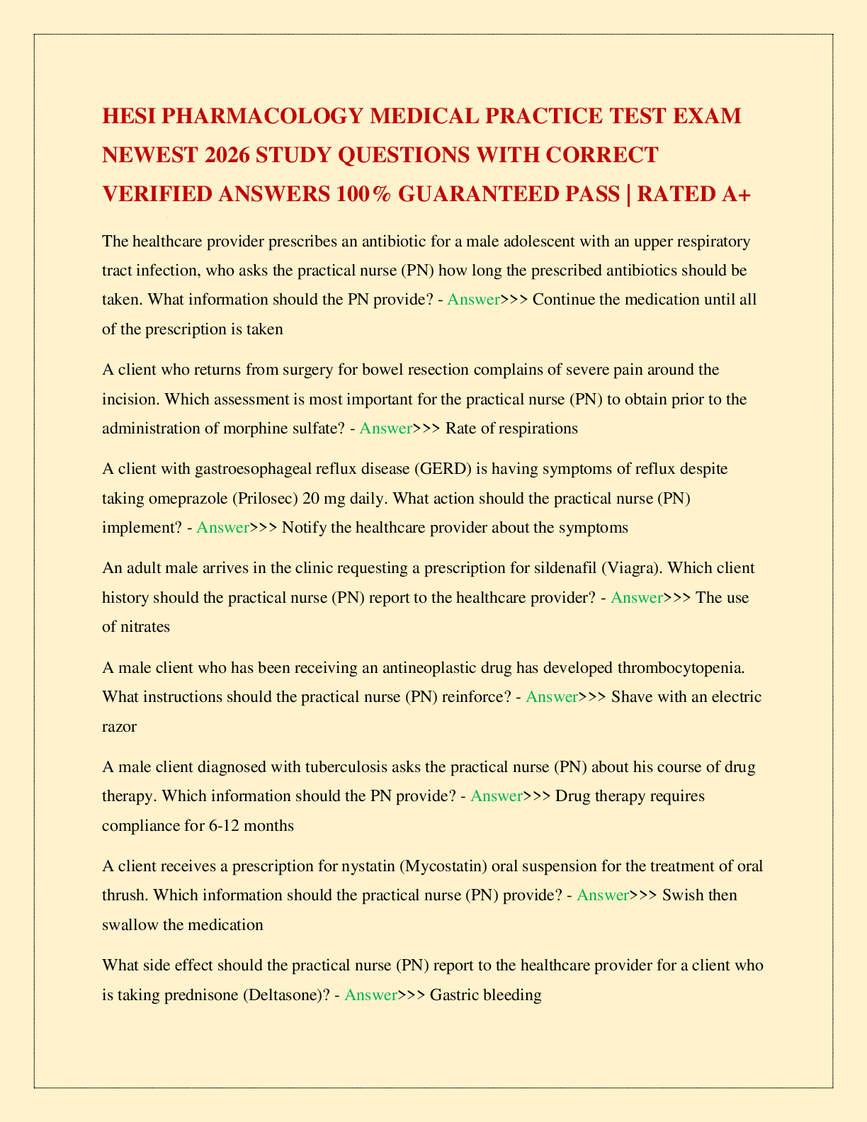 Recommended document preview for HESI PHARMACOLOGY MEDICAL PRACTICE TEST EXAM NEWEST 2026 STUDY QUESTIONS WITH CORRECT VERIFIED ANSWERS 100% GUARANTEED PASS | RATED A+