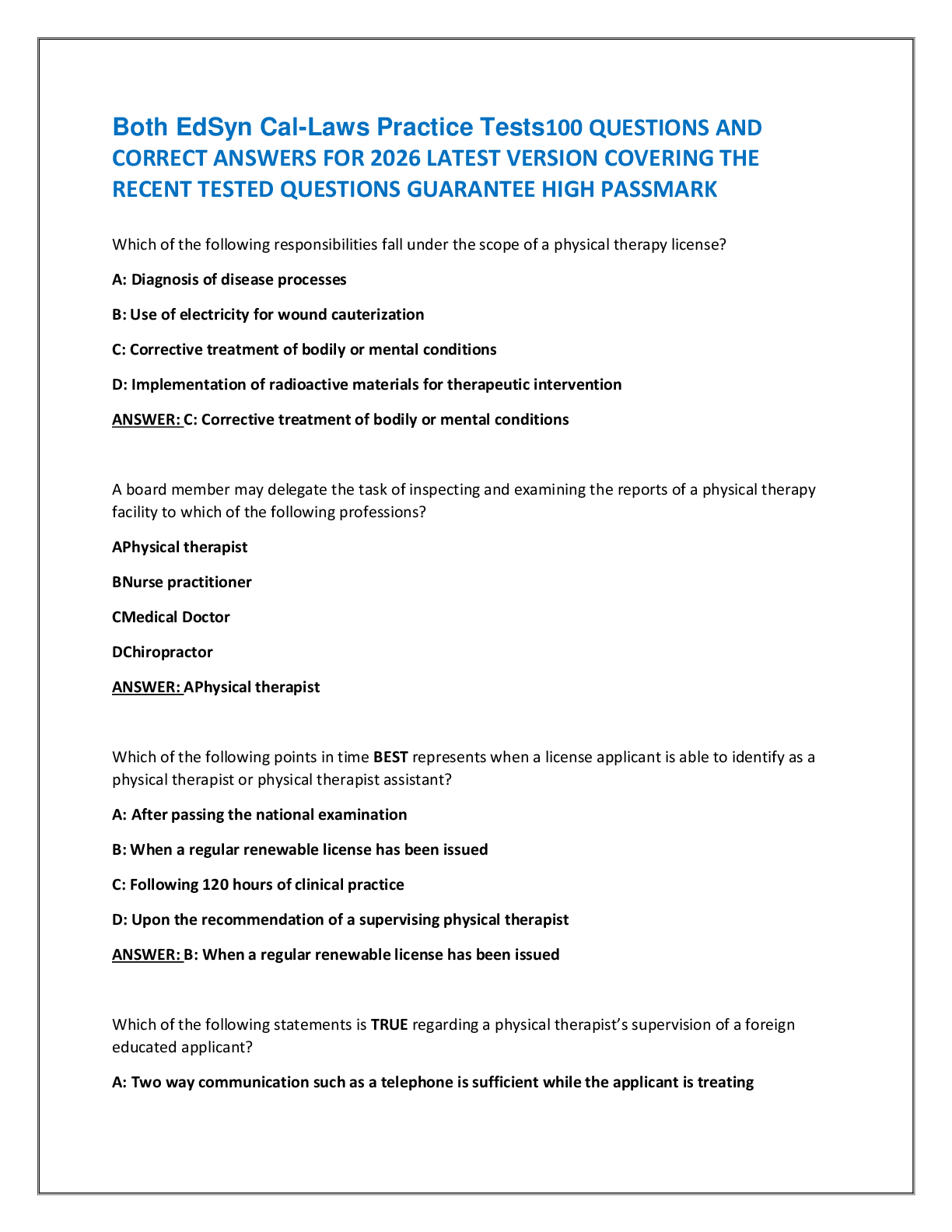 Recommended document preview for Both EdSyn Cal-Laws Practice Tests100 QUESTIONS AND  CORRECT ANSWERS FOR 2026 LATEST VERSION COVERING THE  RECENT TESTED QUESTIONS GUARANTEE HIGH PASSMARK