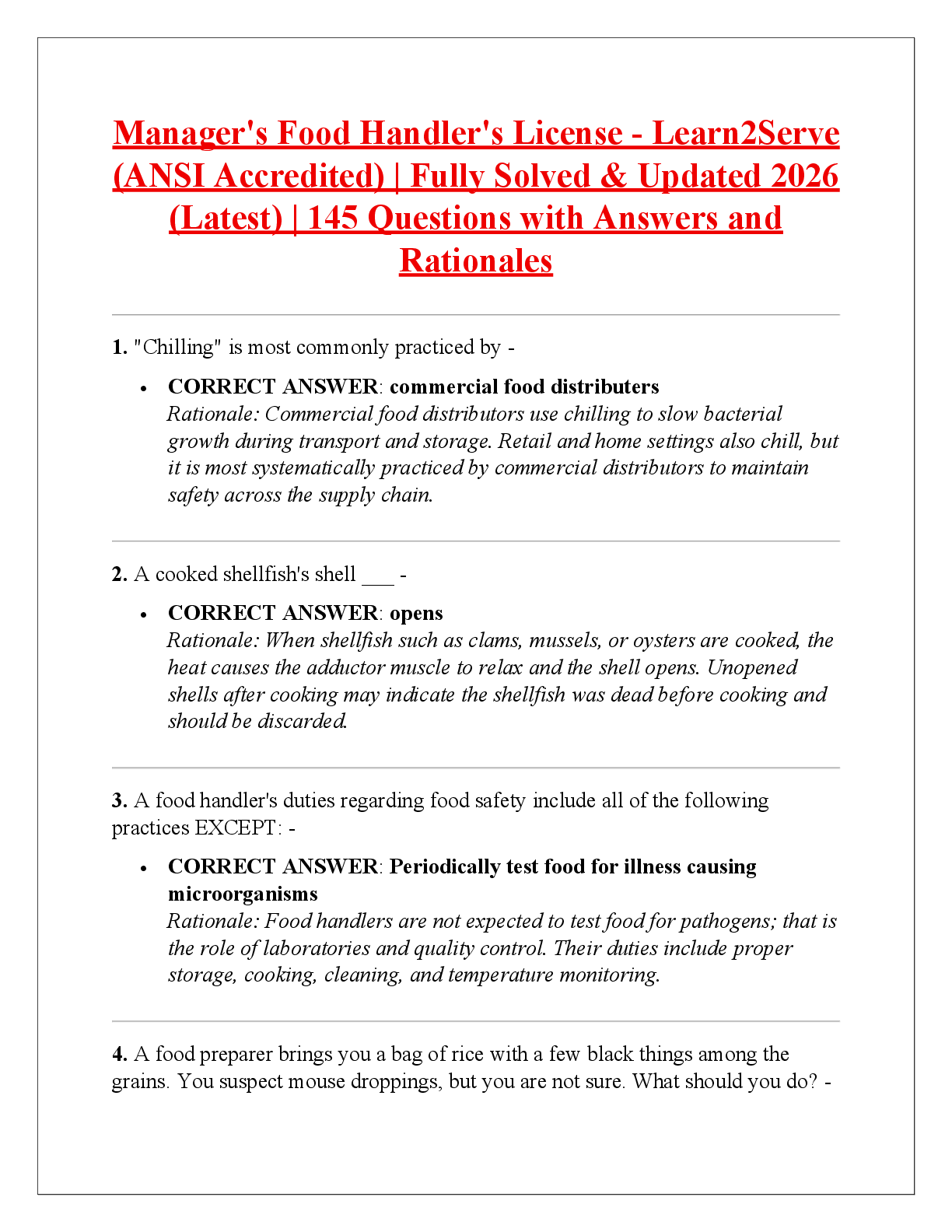 Recommended document preview for Manager's Food Handler's License - Learn2Serve  (ANSI Accredited) | Fully Solved & Updated 2026  (Latest) | 145 Questions with Answers and  Rationales