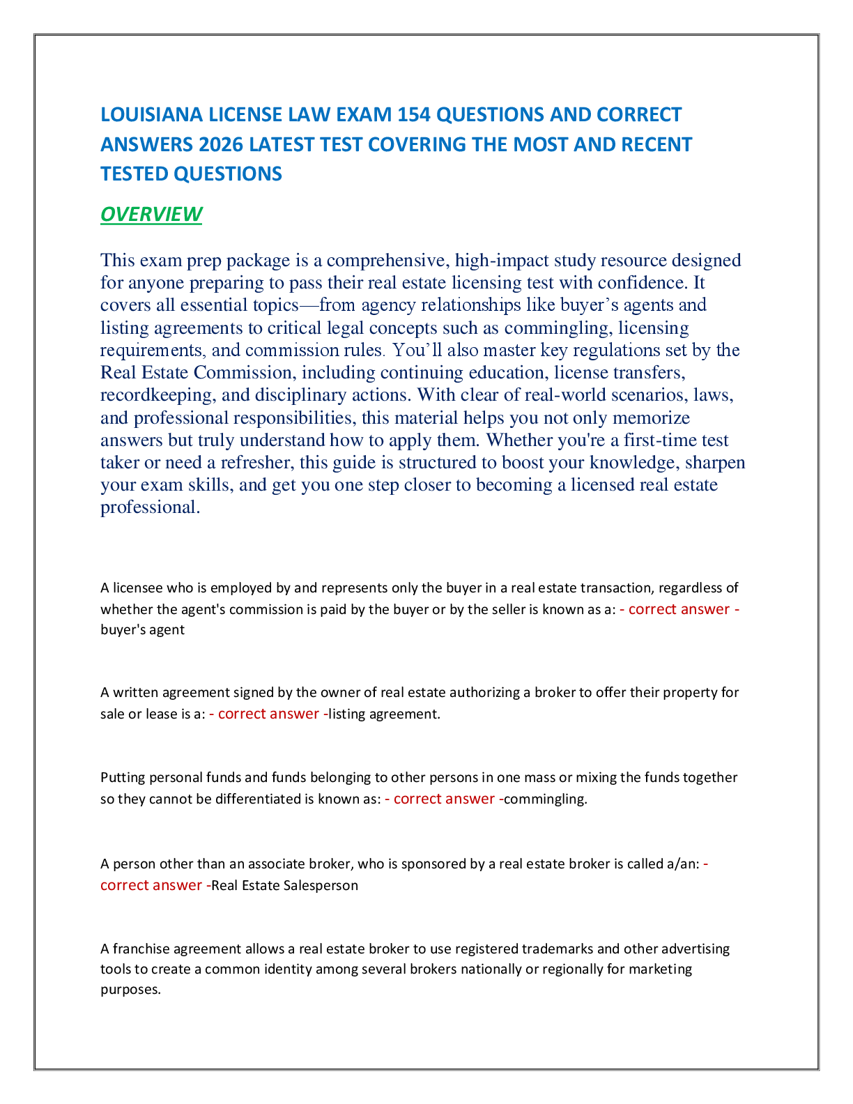 Recommended document preview for LOUISIANA LICENSE LAW EXAM 154 QUESTIONS AND CORRECT  ANSWERS 2026 LATEST TEST COVERING THE MOST AND RECENT  TESTED QUESTIONS