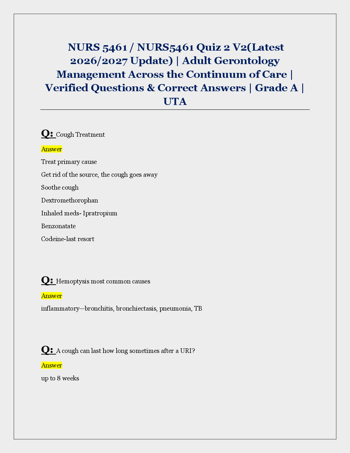 Preview of NURS 5461 / NURS5461 Quiz 2 V2(Latest  2026/2027 Update) | Adult Gerontology  Management Across the Continuum of Care |  Verified Questions & Correct Answers | Grade A |  UTA