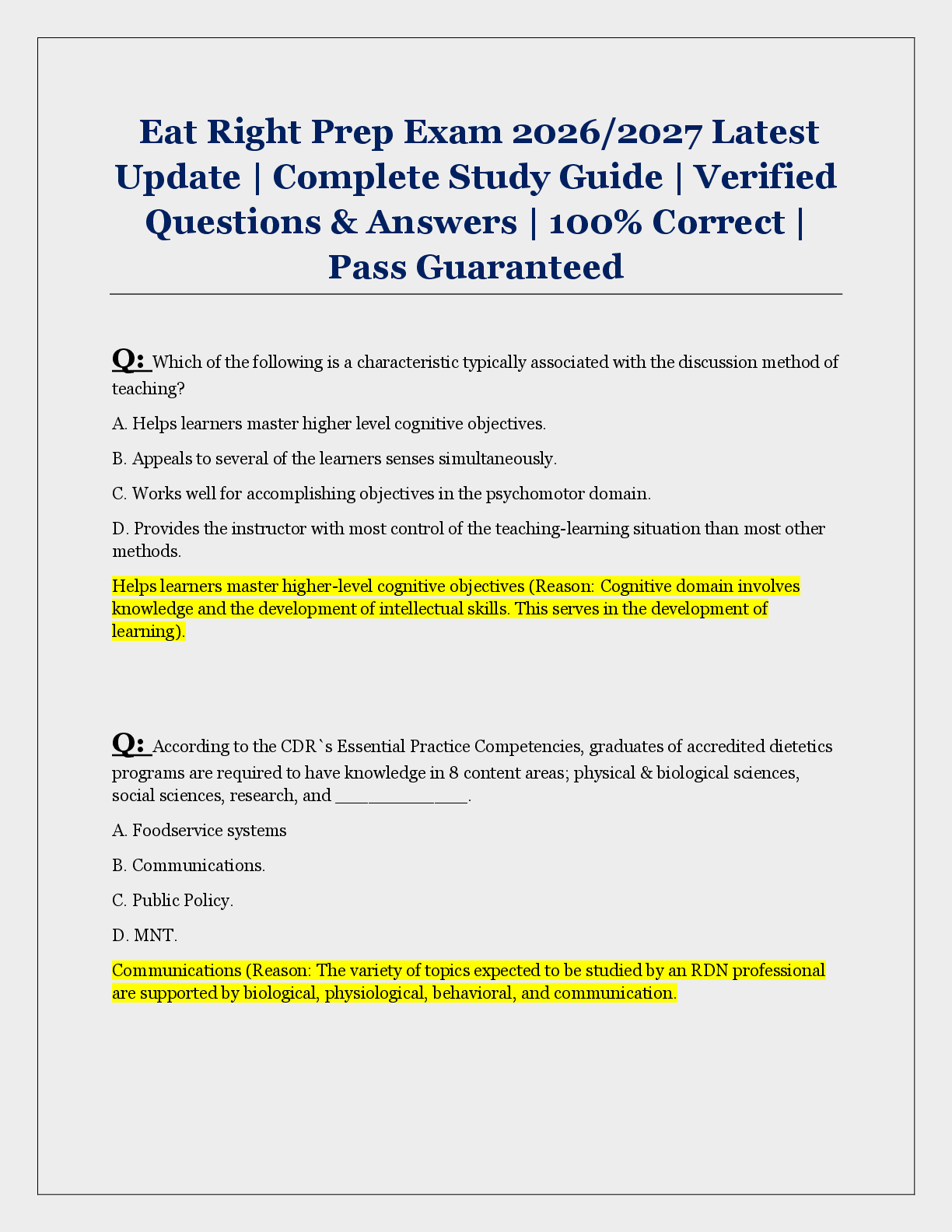 Recommended document preview for Eat Right Prep Exam 2026/2027 Latest  Update | Complete Study Guide | Verified  Questions & Answers | 100% Correct |  Pass Guaranteed