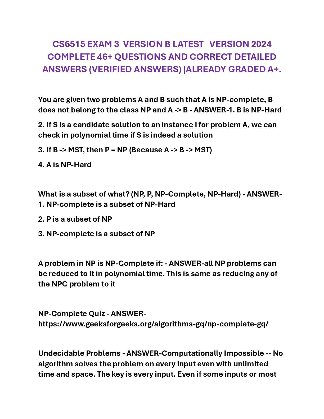 Recommended document preview for CS6515 EXAM 3  VERSION B LATEST   VERSION 2024 COMPLETE 46+ QUESTIONS AND CORRECT DETAILED ANSWERS (VERIFIED ANSWERS) |ALREADY GRADED A+.