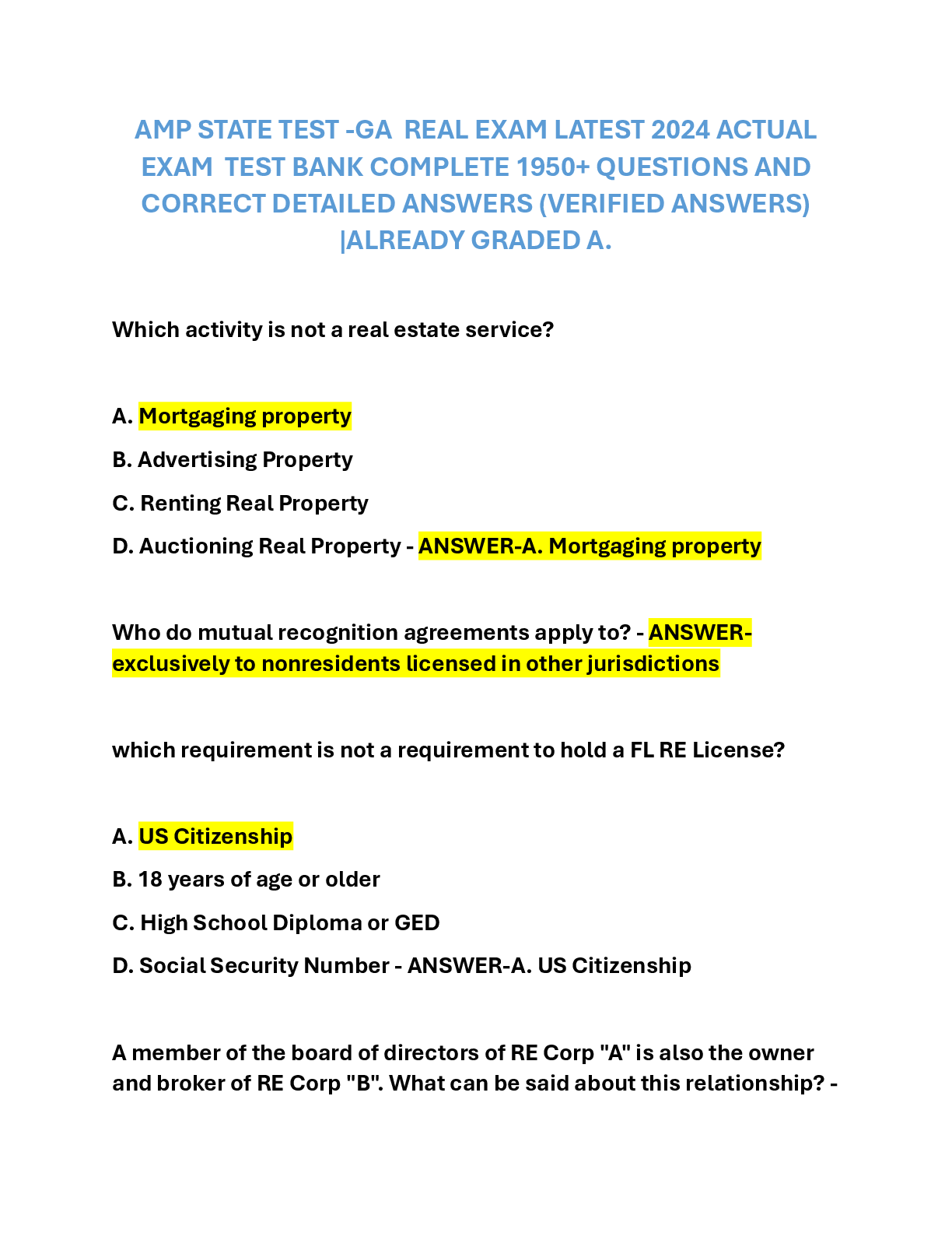 Recommended document preview for AMP REAL STATE TEST -GA  REAL EXAM LATEST 2024 ACTUAL  EXAM  TEST BANK COMPLETE 1950+ QUESTIONS AND  CORRECT DETAILED ANSWERS (VERIFIED ANSWERS) |ALREADY GRADED A.