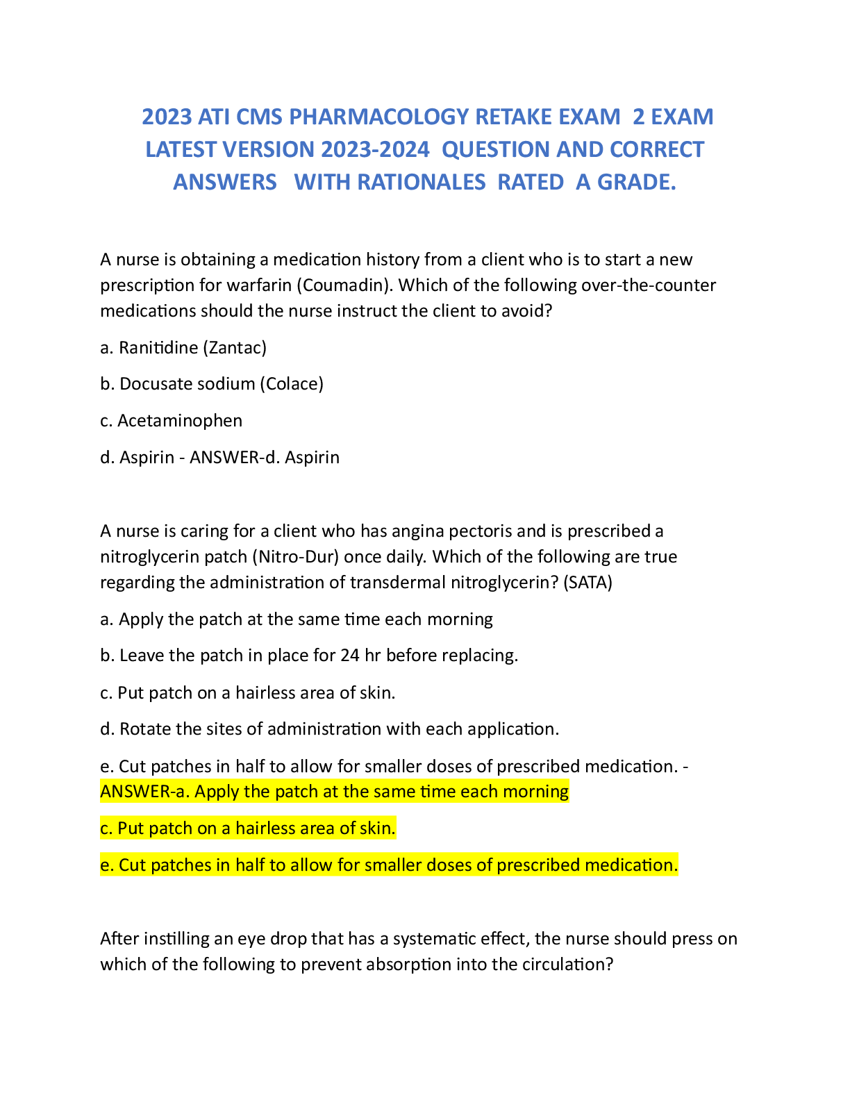 Recommended document preview for 2023-2026 ATI CMS PHARMACOLOGY RETAKE EXAM  2 EXAM LATEST VERSION