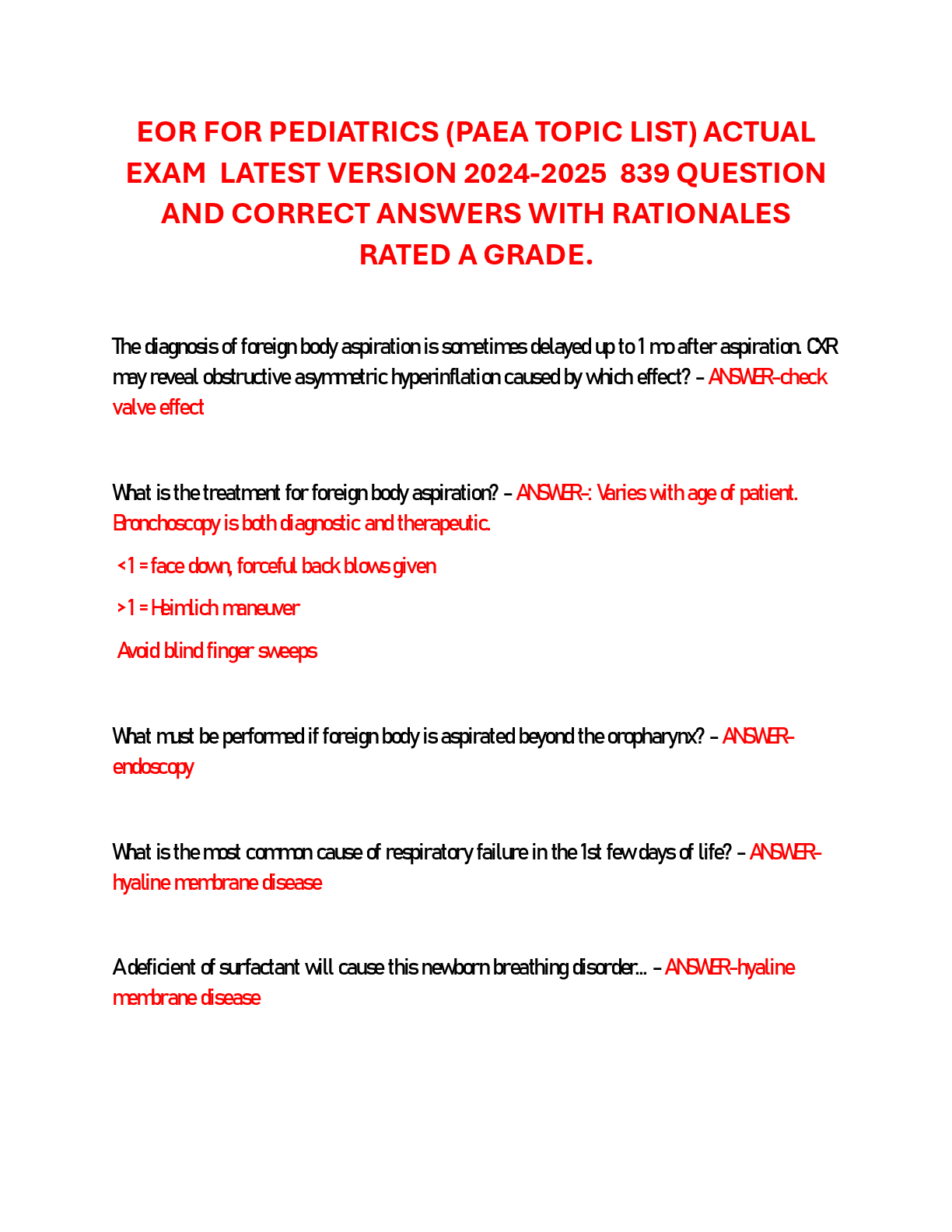 Preview of EOR FOR PEDIATRICS (PAEA TOPIC LIST) ACTUAL  EXAM  LATEST VERSION 2024-2025  839 QUESTION AND CORRECT ANSWERS WITH RATIONALES  RATED A GRADE.