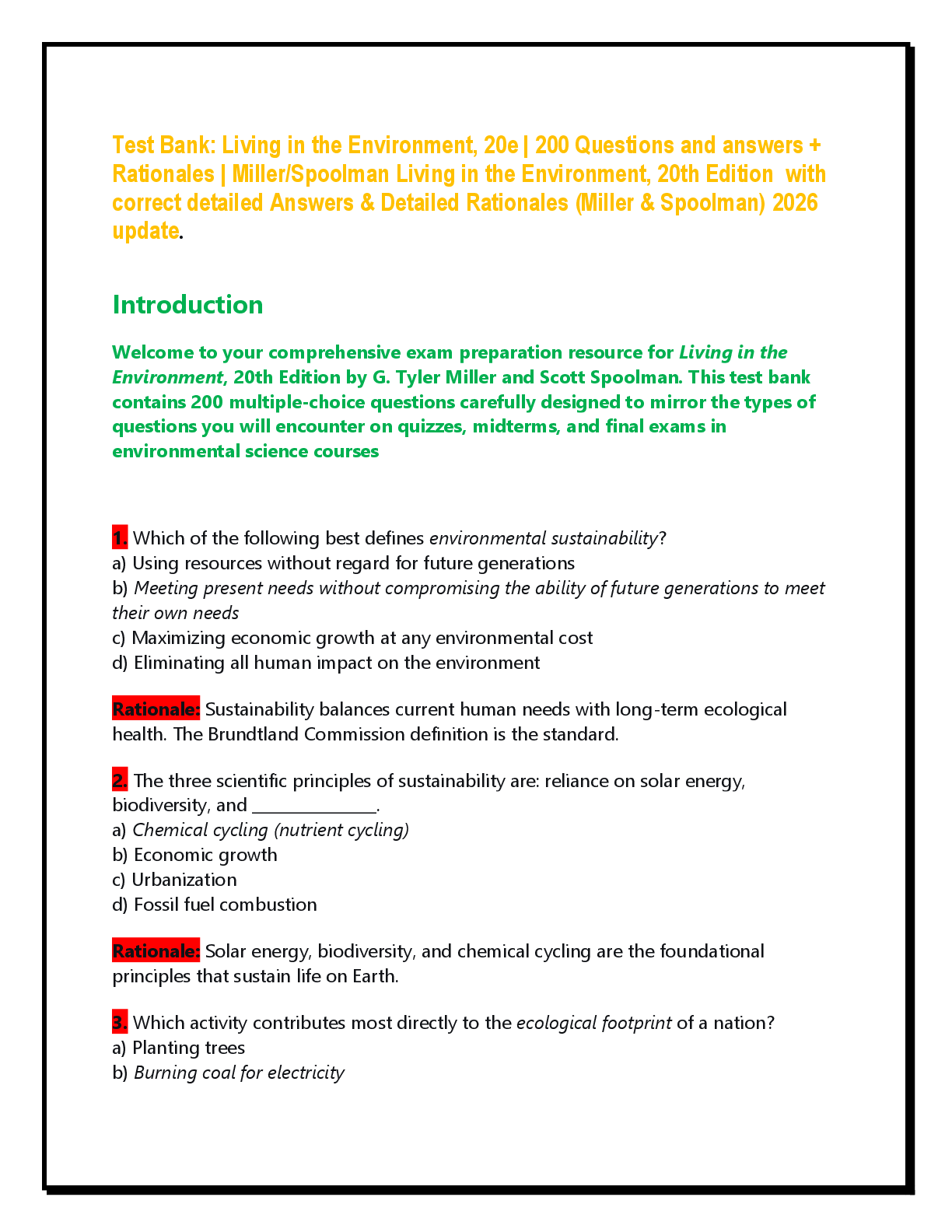 Recommended document preview for Test Bank: Living in the Environment, 20e | 200 Questions and answers + Rationales | Miller/Spoolman Living in the Environment, 20th Edition  with correct detailed Answers & Detailed Rationales (Miller & Spoolman) 2026 update.