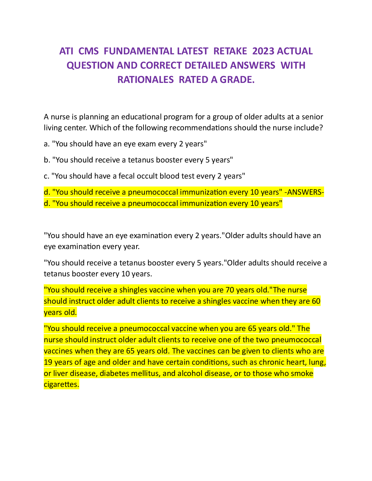 Recommended document preview for ATI  CMS  FUNDAMENTAL LATEST  RETAKE  2023-2026 ACTUAL QUESTION AND CORRECT DETAILED ANSWERS  WITH RATIONALES  RATED A GRADE