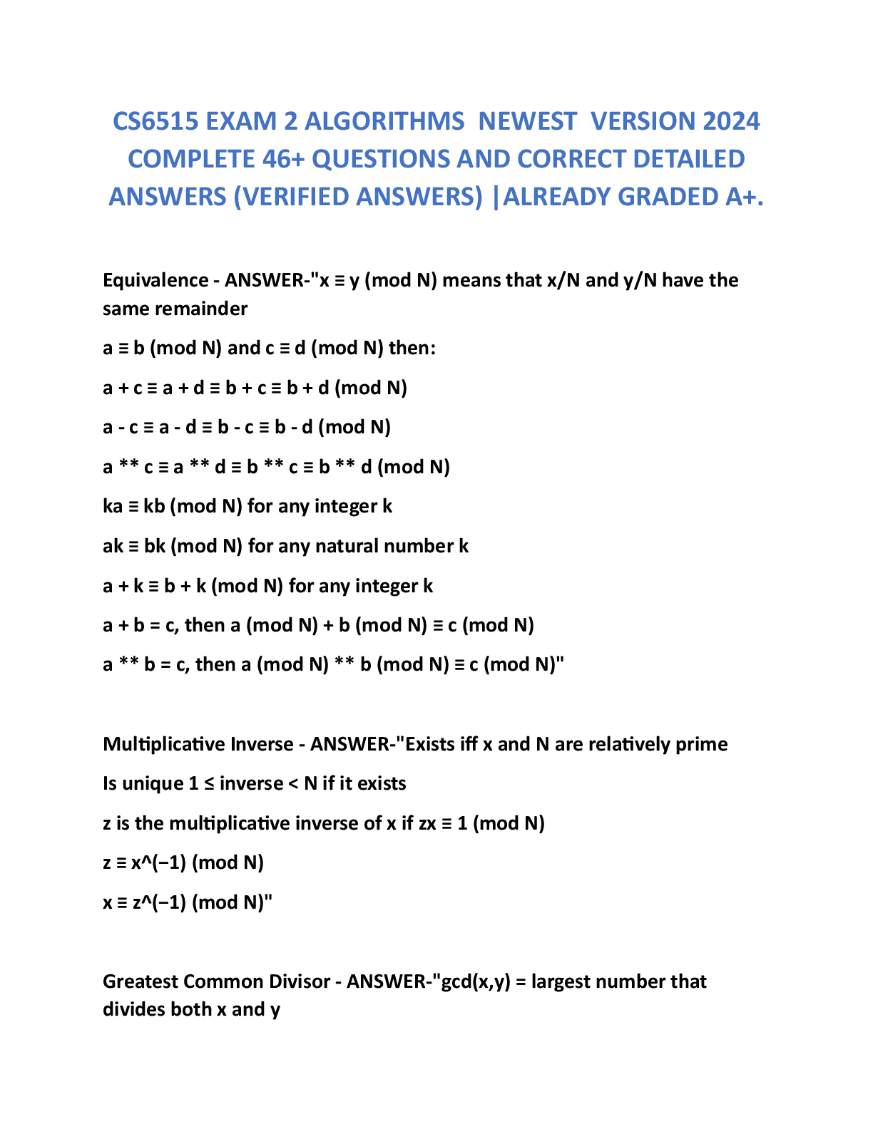 Recommended document preview for CS6515 EXAM 2 ALGORITHMS  NEWEST  VERSION 2024 COMPLETE 46+ QUESTIONS AND CORRECT DETAILED ANSWERS (VERIFIED ANSWERS) |ALREADY GRADED A+.