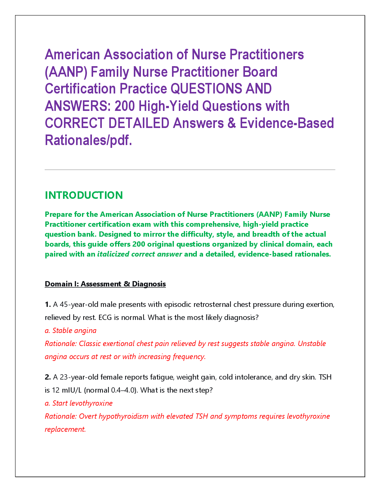 Recommended document preview for American Association of Nurse Practitioners  (AANP) Family Nurse Practitioner Board  Certification Practice QUESTIONS AND  ANSWERS: 200 High-Yield Questions with CORRECT DETAILED Answers & Evidence-Based Rationales/pdf.