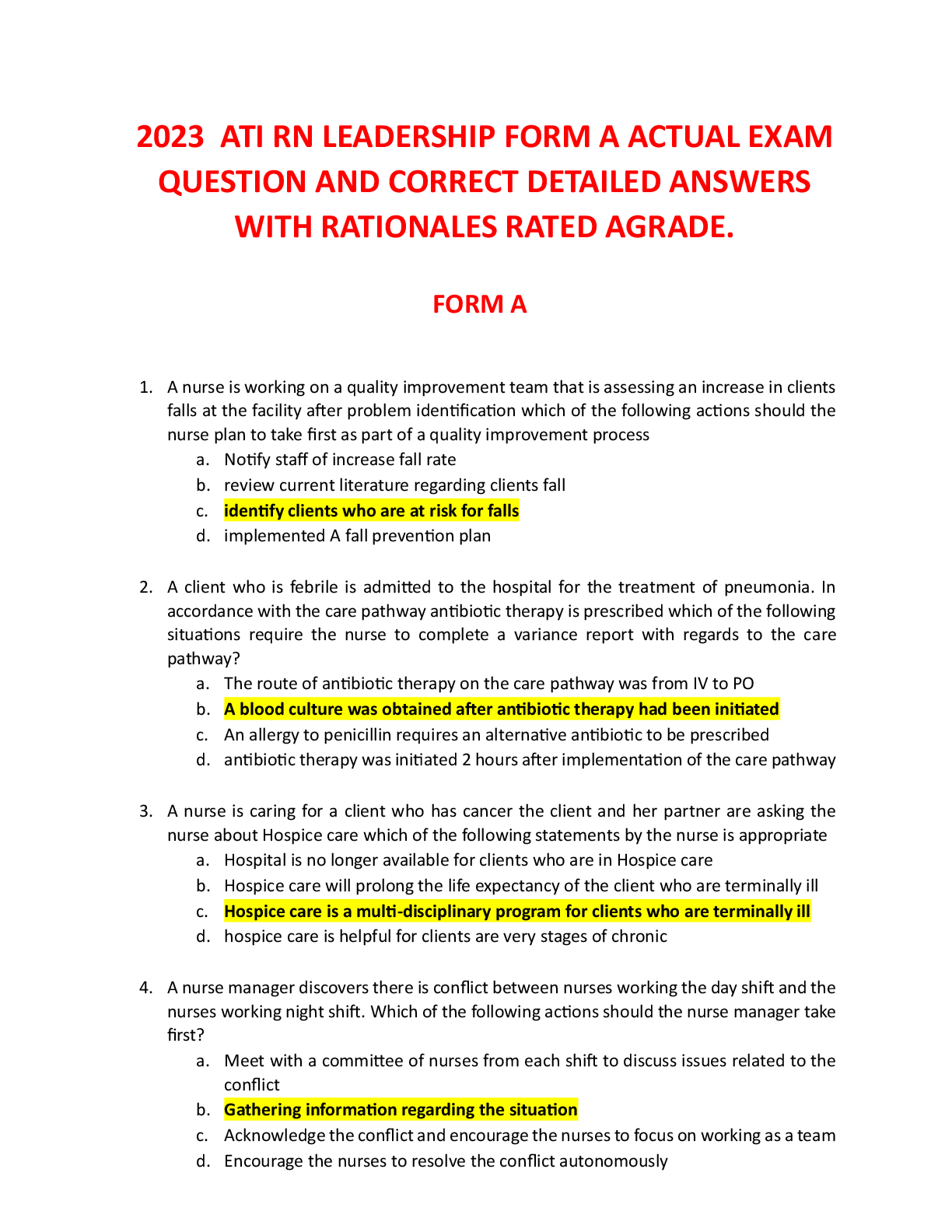 Recommended document preview for 2023  ATI RN LEADERSHIP FORM A ACTUAL EXAM QUESTION AND CORRECT DETAILED ANSWERS WITH RATIONALES RATED AGRADE