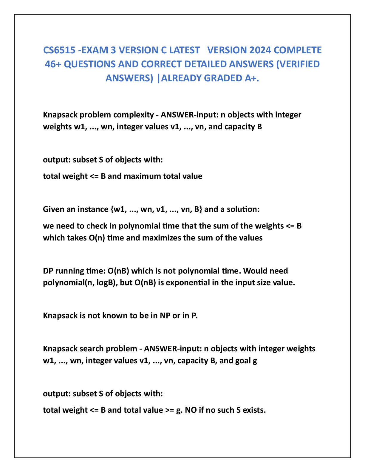 Recommended document preview for CS6515 EXAM 3 NEWEST  VERSION 2024 COMPLETE 46+ QUESTIONS AND CORRECT DETAILED ANSWERS (VERIFIED ANSWERS) |ALREADY GRADED A+.