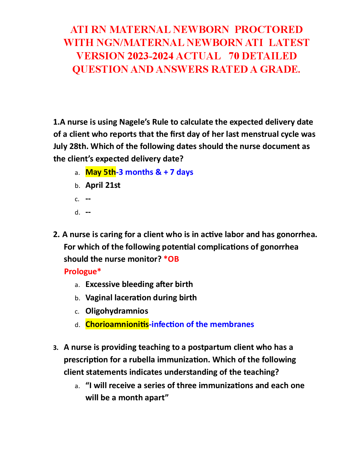 Recommended document preview for ATI RN MATERNAL NEWBORN  PROCTORED   WITH NGN/MATERNAL NEWBORN ATI  LATEST  VERSION 2023-2024 ACTUAL   70 DETAILED QUESTION AND ANSWERS RATED A GRADE.