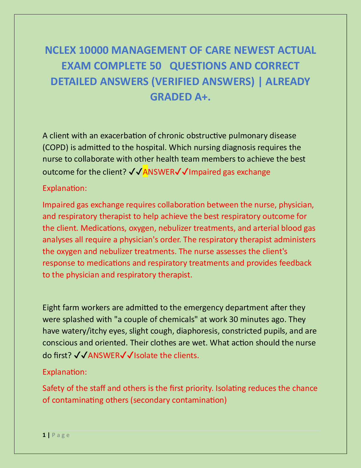 Recommended document preview for NCLEX 10000 MANAGEMENT OF CARE NEWEST ACTUAL  EXAM COMPLETE 50   QUESTIONS AND CORRECT  DETAILED ANSWERS (VERIFIED ANSWERS) | ALREADY GRADED A+.