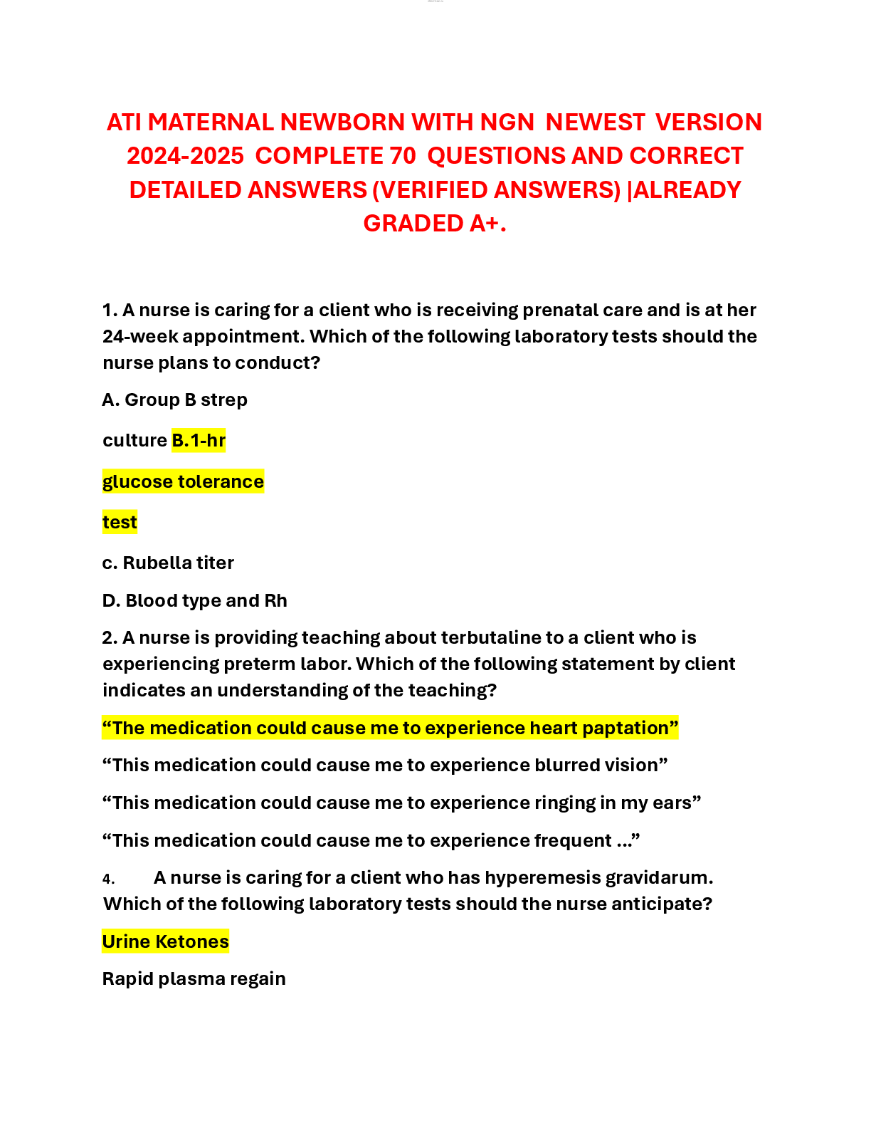 ATI MATERNAL NEWBORN WITH NGN  NEWEST  VERSION 2024-2025  COMPLETE 70  QUESTIONS AND CORRECT DETAILED ANSWERS (VERIFIED ANSWERS) |ALREADY GRADED A+.
