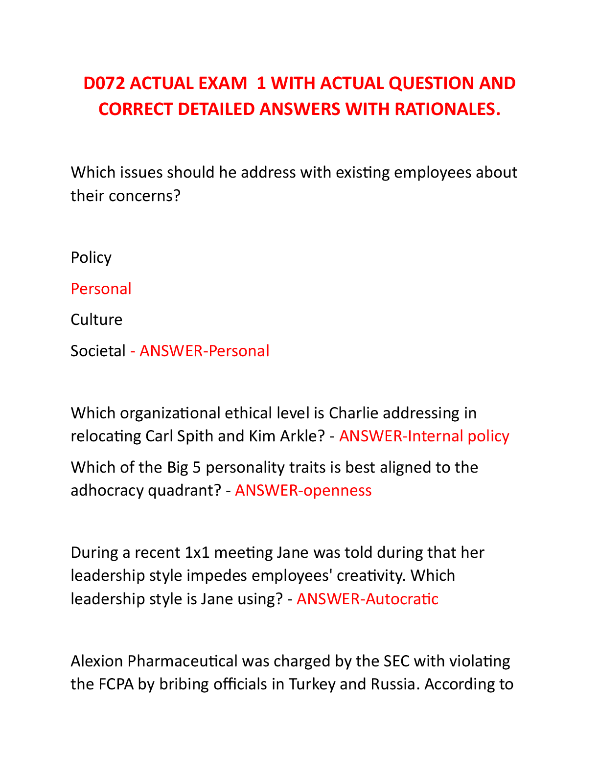 Preview of WGU D072 ACTUAL EXAM  1 WITH ACTUAL QUESTION AND CORRECT DETAILED ANSWERS WITH RATIONALES
