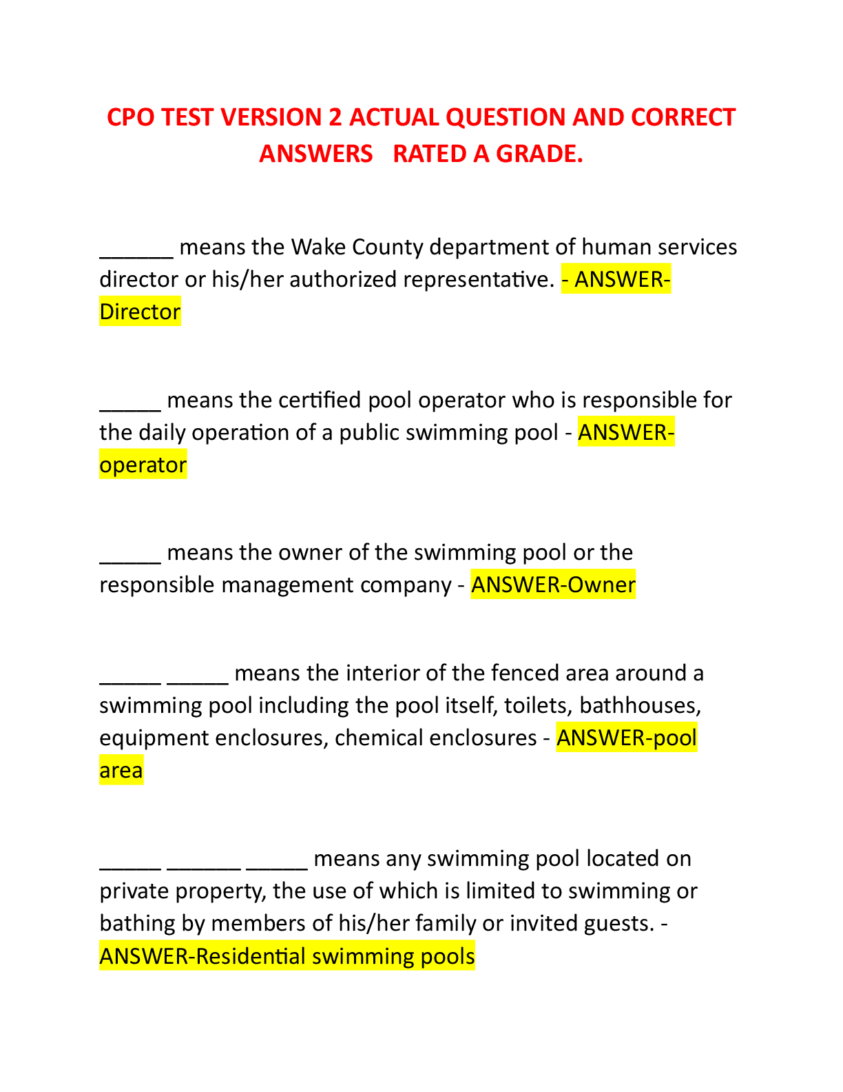 Preview image for CPO TEST VERSION 2 ACTUAL QUESTION AND CORRECT ANSWERS   RATED A GRADE