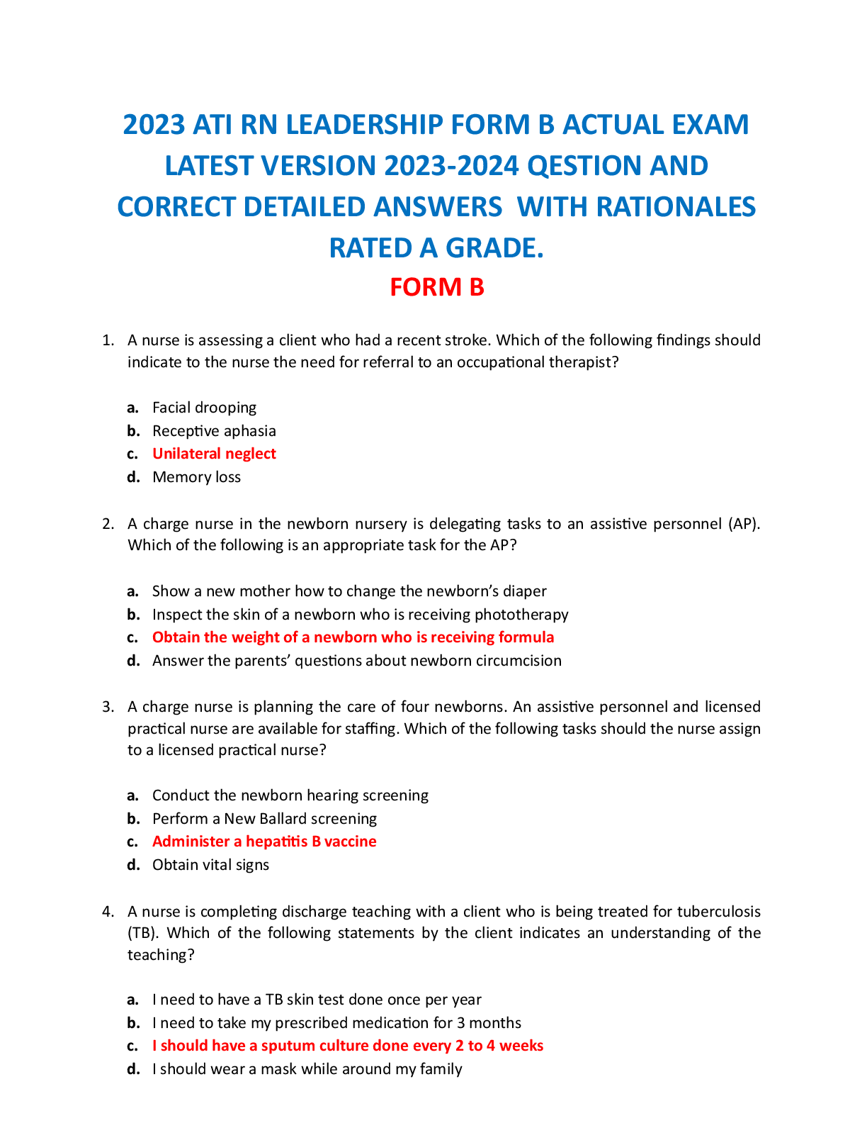 Recommended document preview for 2023-2026  ATI RN LEADERSHIP FORM B ACTUAL EXAM  LATEST VERSION 2023