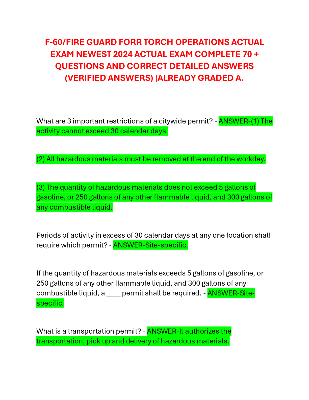 Preview of F-60/FIRE GUARD FORR TORCH OPERATIONS ACTUAL  EXAM NEWEST 2024 ACTUAL EXAM COMPLETE 70 + QUESTIONS AND CORRECT DETAILED ANSWERS (VERIFIED ANSWERS) |ALREADY GRADED A.