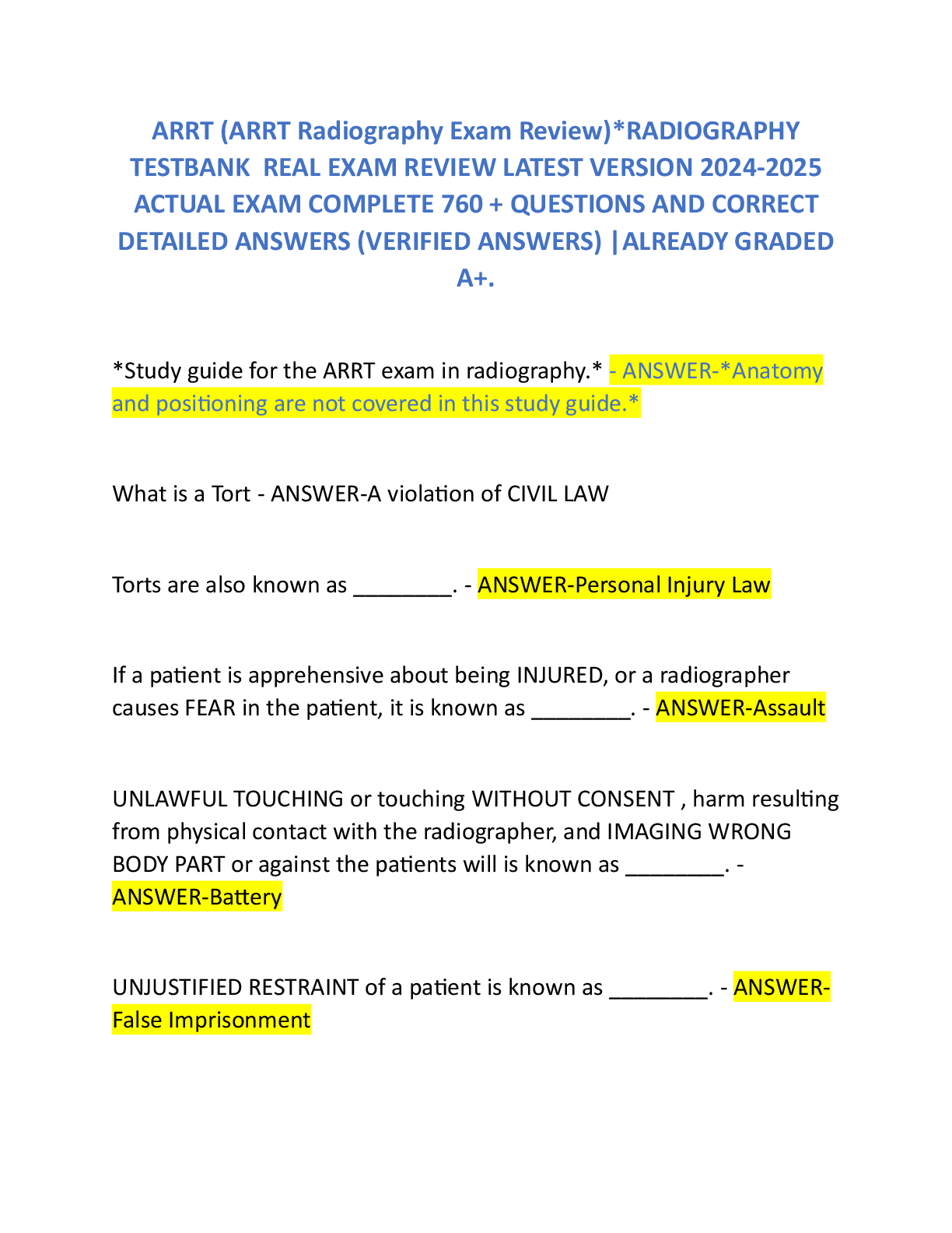 Recommended document preview for ARRT (ARRT Radiography Exam Review)*RADIOGRAPHY   TESTBANK  REAL EXAM REVIEW LATEST VERSION 2024-2026  ACTUAL EXAM COMPLETE 760 + QUESTIONS AND CORRECT DETAILED ANSWERS (VERIFIED ANSWERS) |ALREADY GRADED A+.