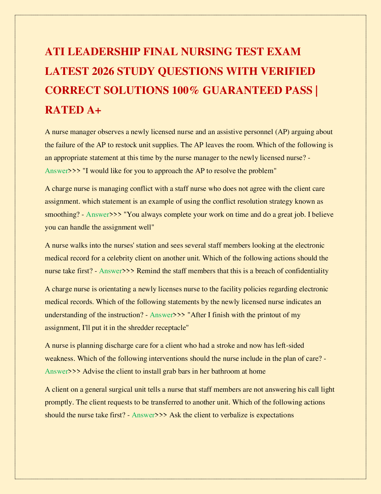 Recommended document preview for ATI LEADERSHIP FINAL NURSING TEST EXAM LATEST 2026 STUDY QUESTIONS WITH VERIFIED CORRECT SOLUTIONS 100% GUARANTEED PASS | RATED A+