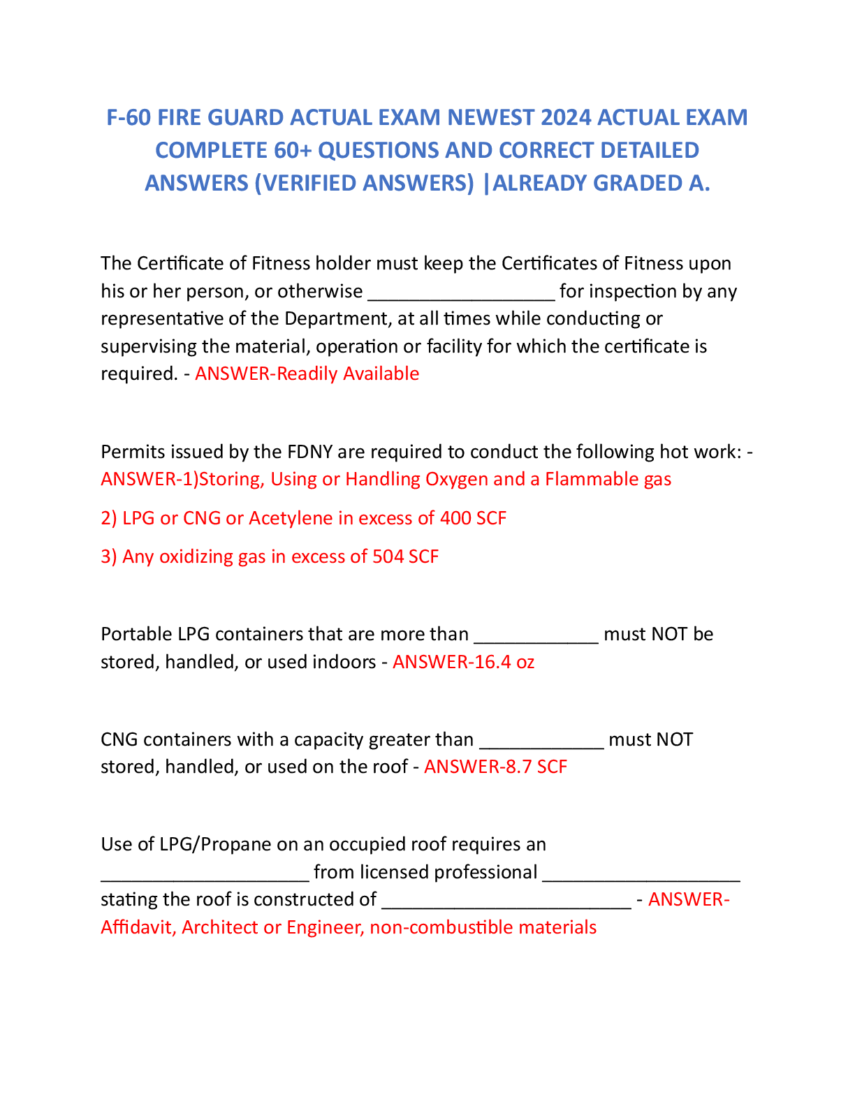 Preview of F-60 FIRE GUARD ACTUAL EXAM NEWEST 2024 ACTUAL EXAM  COMPLETE 60+ QUESTIONS AND CORRECT DETAILED ANSWERS (VERIFIED ANSWERS) |ALREADY GRADED A.