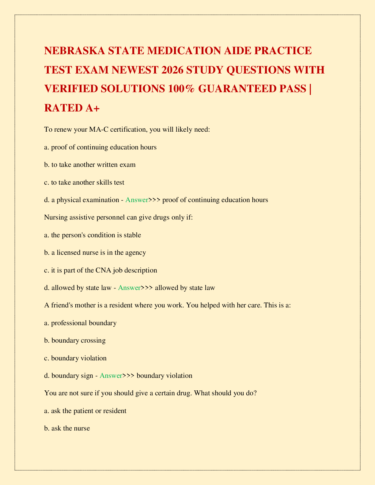 Recommended document preview for NEBRASKA STATE MEDICATION AIDE PRACTICE TEST EXAM NEWEST 2026 STUDY QUESTIONS WITH VERIFIED SOLUTIONS 100% GUARANTEED PASS | RATED A+