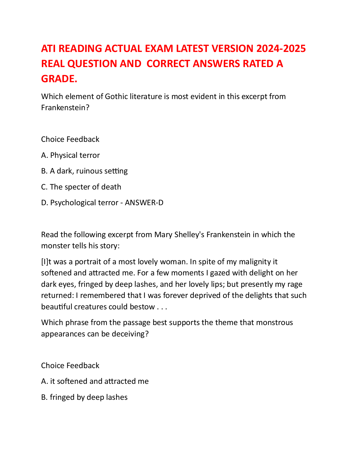 Recommended document preview for ATI READING ACTUAL EXAM LATEST VERSION 2024-2025 REAL QUESTION AND  CORRECT ANSWERS RATED A GRADE.