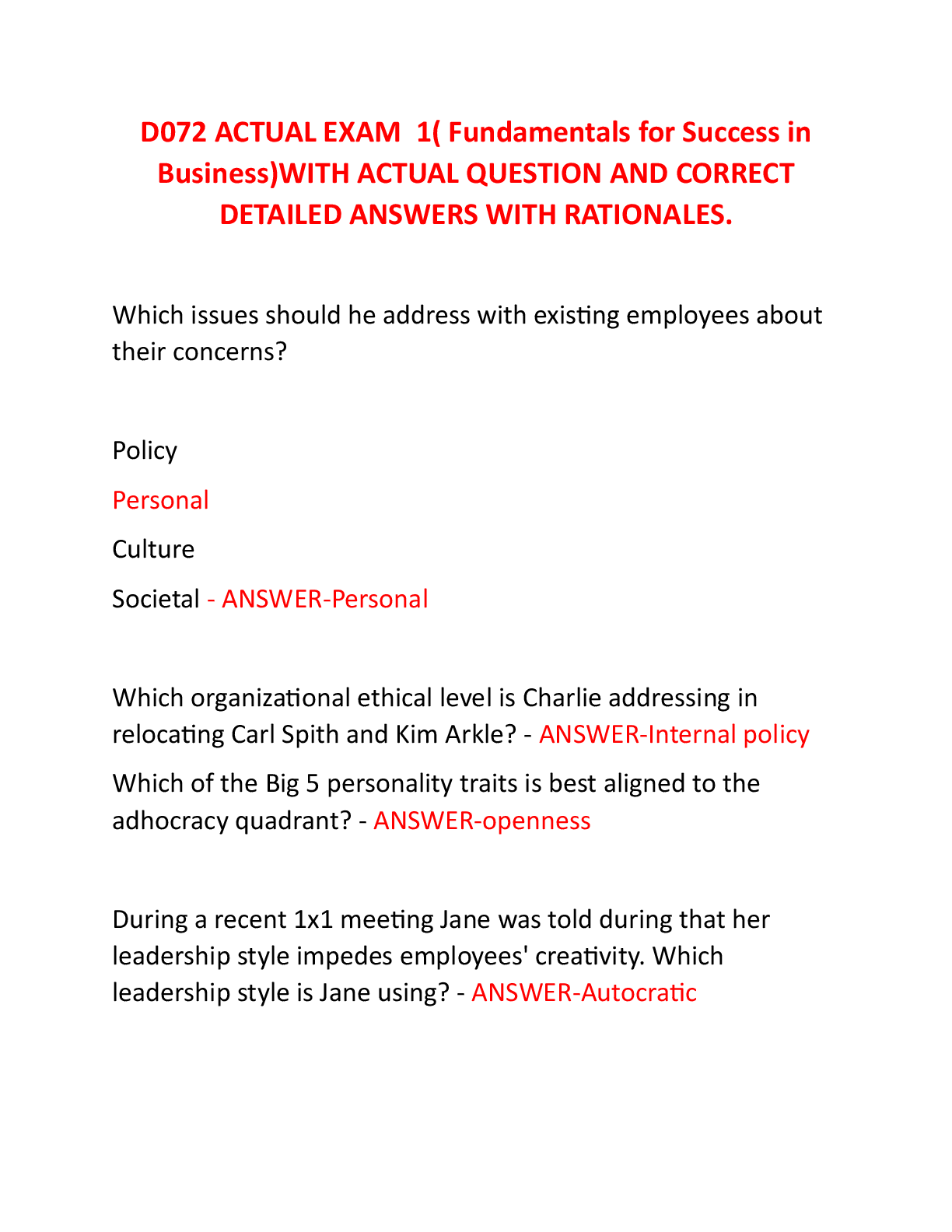 Preview of WGU D072 ACTUAL EXAM  1( Fundamentals for Success in Business)WITH ACTUAL QUESTION AND CORRECT DETAILED ANSWERS WITH RATIONALES.