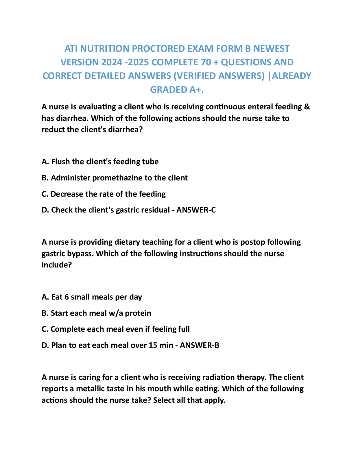 Recommended document preview for ATI NUTRITION PROCTORED EXAM FORM B NEWEST     VERSION 2024 -2025 COMPLETE 70 + QUESTIONS AND  CORRECT DETAILED ANSWERS (VERIFIED ANSWERS) |ALREADY GRADED A+.