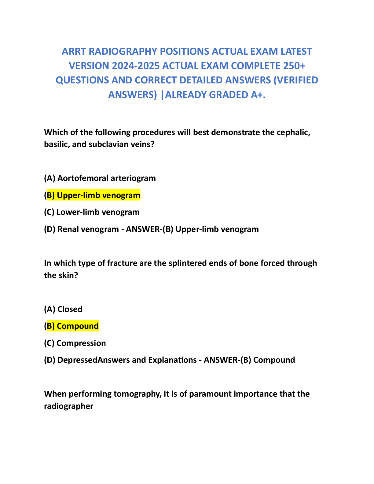 Recommended document preview for ARRT RADIOGRAPHY POSITIONS ACTUAL EXAM LATEST VERSION 2024-2026
