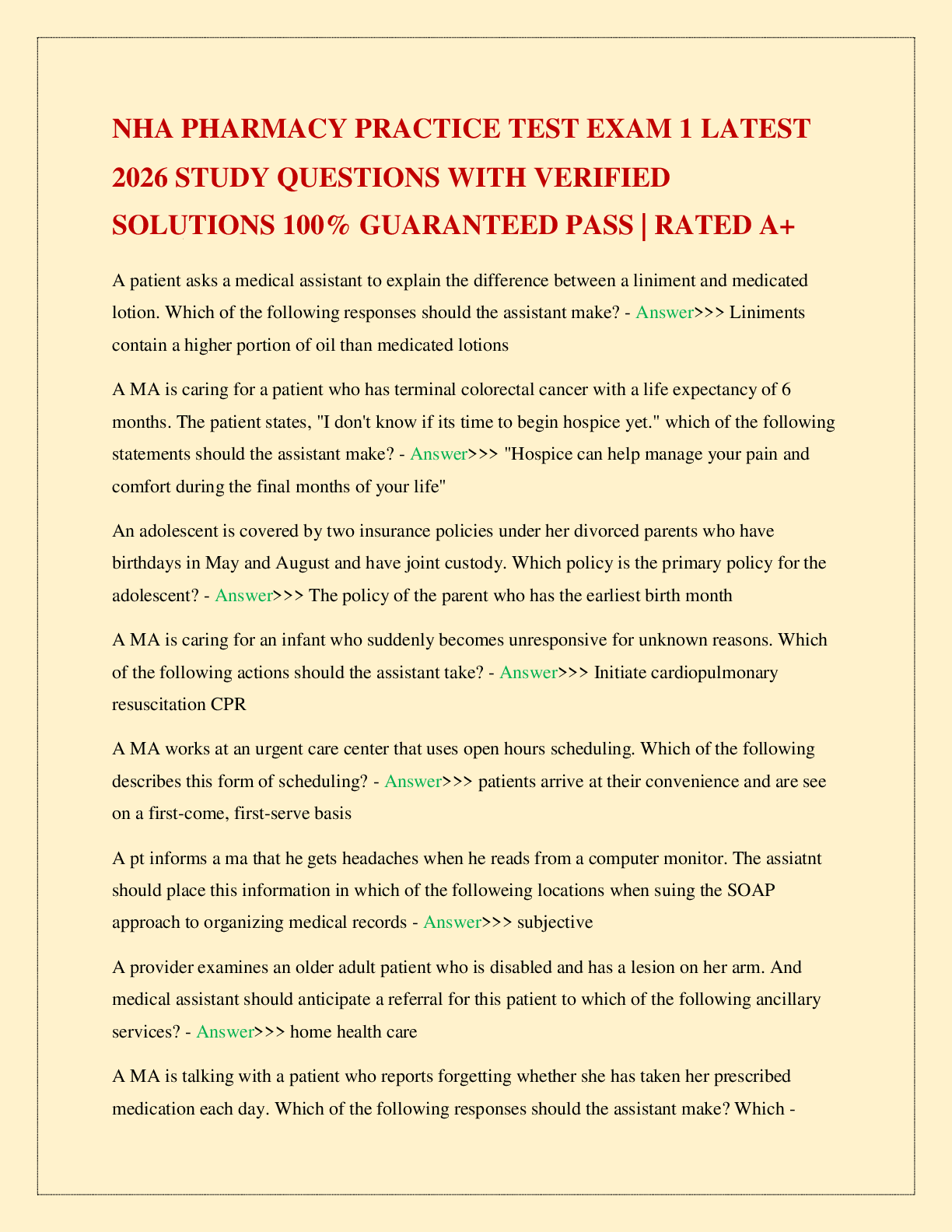Recommended document preview for NHA PHARMACY PRACTICE TEST EXAM 1 LATEST 2026 STUDY QUESTIONS WITH VERIFIED SOLUTIONS 100% GUARANTEED PASS | RATED A+