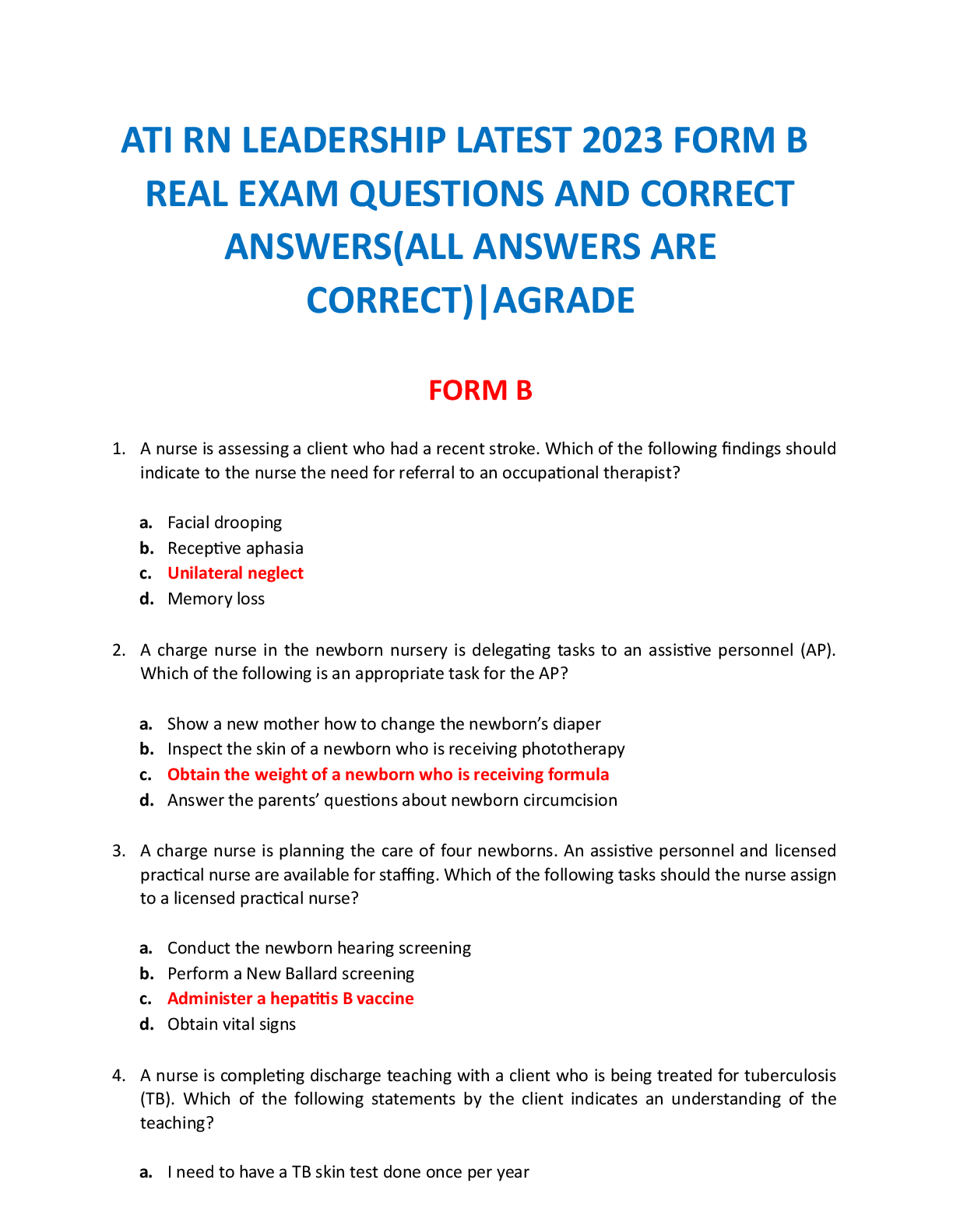 Recommended document preview for 2023  ATI RN LEADERSHIP FORM A ACTUAL EXAM QUESTION AND CORRECT DETAILED ANSWERS WITH RATIONALES RATED A GRADE.